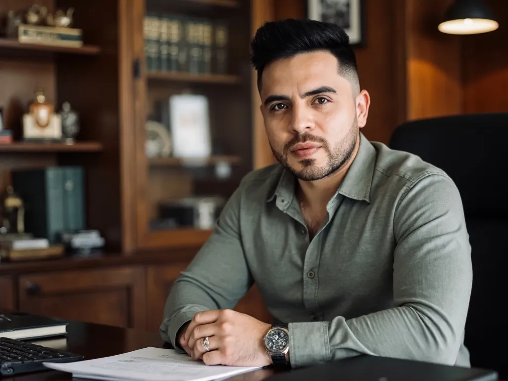 Manuel Felipe López Beltrán trabajando en su escritorio con documentos legales